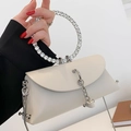 Chic cream evening bag with a crystal-encrusted round handle and metal chain strap - Large / Off-white