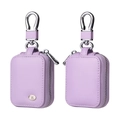 Detail view of lavender leather AirPods case with metal carabiner and music note logo - Light Purple