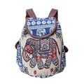 Ethnic medium canvas backpack with red elephant embroidery and blue patterned flap - Cream Red Totem Elephant