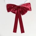Elegant large wine red satin bow hair clip with long ribbons and smooth glossy finish - Red Large Bow