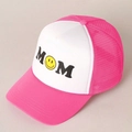 Pink and white mesh trucker hat with MOM text and yellow smiley face on a white panel - Rose Red