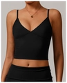 Detail of black V-neck yoga tank top with thin straps and supportive under-bust stitching - S / Premium Black