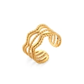 Vue détaillée d'une bague vague dorée multicouche avec lignes polies et détails perlés - Bague Ouverte Vague De Perles Multicouches