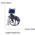 Cartoon blue cat enamel brooch with purple fishbone pendant and product dimensions - Blue
