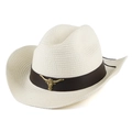 Western straw cowboy hat in cream white featuring a metallic bull head ornament and belt - Head Circumference 57-58cm / Cream