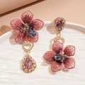 Detalle de pendientes de flor bordada rosa con corazón de strass y cristal de gota - Rosa (Poste de pendiente de plata de ley 925)