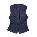 Navy blue tweed sequin vest with gold buttons and belt, elegant textured flat lay view - XS / Blue