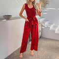 Damen Jumpsuit rot ärmellos weites Bein mit schwarzem Print und Bindegürtel - S / Rot