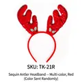 Sparkly red sequin reindeer antler headband with festive holly and green leaf details - TK-21R (Red Reversible Sequin Large Antler Headband)