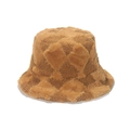 Winter plush bucket hat with geometric diamond pattern in warm camel faux fur material - M (56-58cm) / Khaki