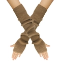 Close-up of brown knitted long fingerless gloves showing ribbed texture and arm sleeves - Khaki