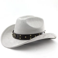 Détail d'un chapeau de cowboy gris clair avec emblème taureau et lanière en cuir clouté - M (56-58cm) / Gris clair