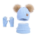 Light blue winter knit set for kids featuring double fur pompom hat scarf and touch gloves - Three-Piece Set / Lake Blue