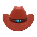 Detail of red cowboy hat with leather band, turquoise gems and bronze rivets - One Size / Red