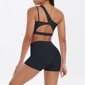 Schwarzes One-Shoulder-Yoga-Set mit asymmetrischem Sport-BH und High-Waist-Shorts - S / Schwarz