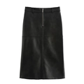 Gonna midi minimalista in pelle PU nera a vita alta con cerniera lampo frontale - XS / Nero