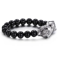 Men's polished black onyx beaded bracelet featuring a detailed silver tiger head charm - Tiger Head Style (KB60922-BD)