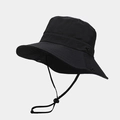 Black outdoor wide brim sun hat with adjustable chin strap and windproof cord - One Size / Black