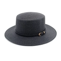 Detailed view of woven straw texture on black boater hat with leather buckle band - M (56-58cm) / Black