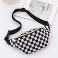 Detail of checkered sports waist bag featuring textured fabric and gold zipper pull - Black