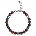 Detail of red tiger eye stone and hematite beaded bracelet with adjustable silver clasp - Red Tiger Eye