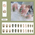 Green and nude ballerina press-on nails set with heart art and gradient design - Fresh Heart Style (R761)