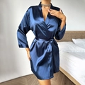 Navy blue silk satin kimono bathrobe with V-neck and belt for women loungewear - S / Navy Blue