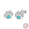 Cat paw stud earrings in S925 sterling silver with blue opal and white zircon stones - Blue Paw Studs SE402-P / Blue/Silver