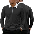 Men's black waffle knit polo shirt with white contrast collar, long sleeve zip-up style - Black