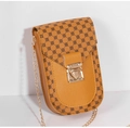 Detailed side view of yellow textured mobile phone bag with clover pattern and gold chain - Brown
