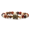 Ethnic style multi-material beaded bracelet with natural agate and engraved wood beads - Multicolor Bone-like Bead