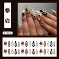 Retro 3D floral brown press-on nails with almond shape, polka dots and grid patterns - Z1270 Brown Sugar Flower (Glue Style)