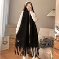 Bufanda negra de punto efecto cachemira con flecos y etiqueta de cuero para invierno - Negro
