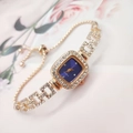 Elegant gold square rhinestone watch with blue dial and adjustable bracelet strap - Rose Gold Blue Dial