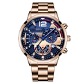 Men's fashion quartz watch featuring a gold steel case and a blue textured dial with calendar - Gold Blue Face