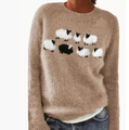Women's crewneck knit sweater in camel featuring white and black sheep jacquard pattern - 3XL / Top - Sheep Pattern / Khaki