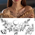 Black and white floral tattoo sticker with moon and rose designs on a model, model BK-020 - Pattern BK-020