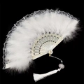 Elegant white feather folding fan with lace trim and decorative white tassel on black background - Lace Feather Fan White