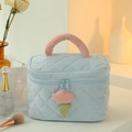 Light blue corduroy cosmetic bag with tulip charm and pink handle, quilted design - Blue Bucket Bag