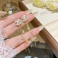 925 silver needle tassel earrings with pearls and crystals in a golden finish - E0088 Gold Silver Needle (Flower Cluster Pearl Long Tassel Gold White)