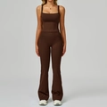Ensemble de yoga marron foncé avec débardeur à col carré et legging évasé taille haute - Café (Débardeur + Pantalon Évasé)
