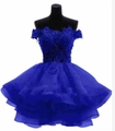 Short royal blue puff princess dress with lace embroidery and off-shoulder tulle layers - US size 2 (S) / Blue
