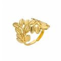 Detailed close-up of a golden leaf-shaped ring with adjustable open band and polished texture - Gold Delicate Leaf