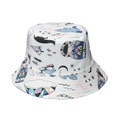 Close-up of white bucket hat featuring artistic nautical and matryoshka doll prints - White Matryoshka Moon Star