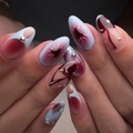 Oval press-on nails with blue and burgundy gradient, silver beads and star accents - K081【24pcs】 / Boxed (jelly Gel + Granules)