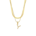 Double-layered gold chain necklace with a pearl-studded letter Y pendant charm - Letter Y