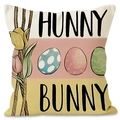 Linen Easter cushion cover with Hunny Bunny text, tulips and colorful patterned eggs - HUNNY BUNNY
