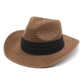 Close-up of dark brown woven straw hat texture with a stylish black ribbon band detail - M (56-58cm) / Coffee