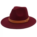 Classic wine red wool fedora hat with a tan leather belt and gold rivet detail - M (56-58cm) / Burgundy