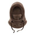 Detail of brown fleece balaclava with adjustable drawstring and plush thermal texture - One Size / Coffee